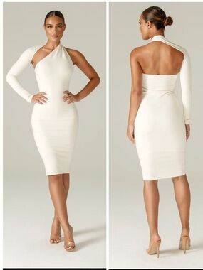 NWT Alieva Dasha Modern Midi Dress In Off White Size Medium One Shoulder